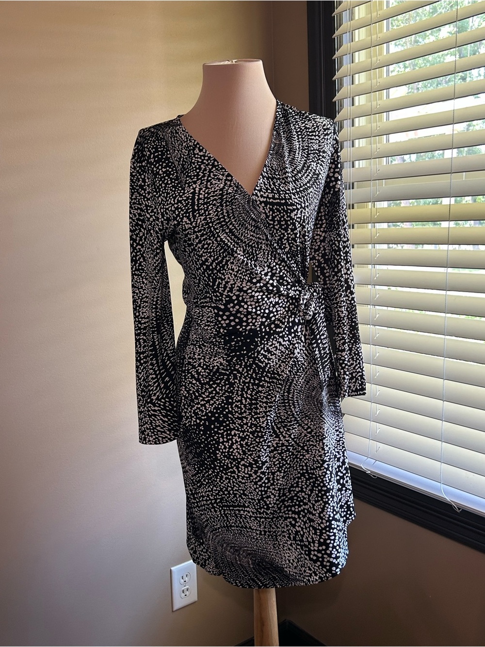 BCBGMaxAzria Adele Black and White Printed Long Sleeve Wrap Dress